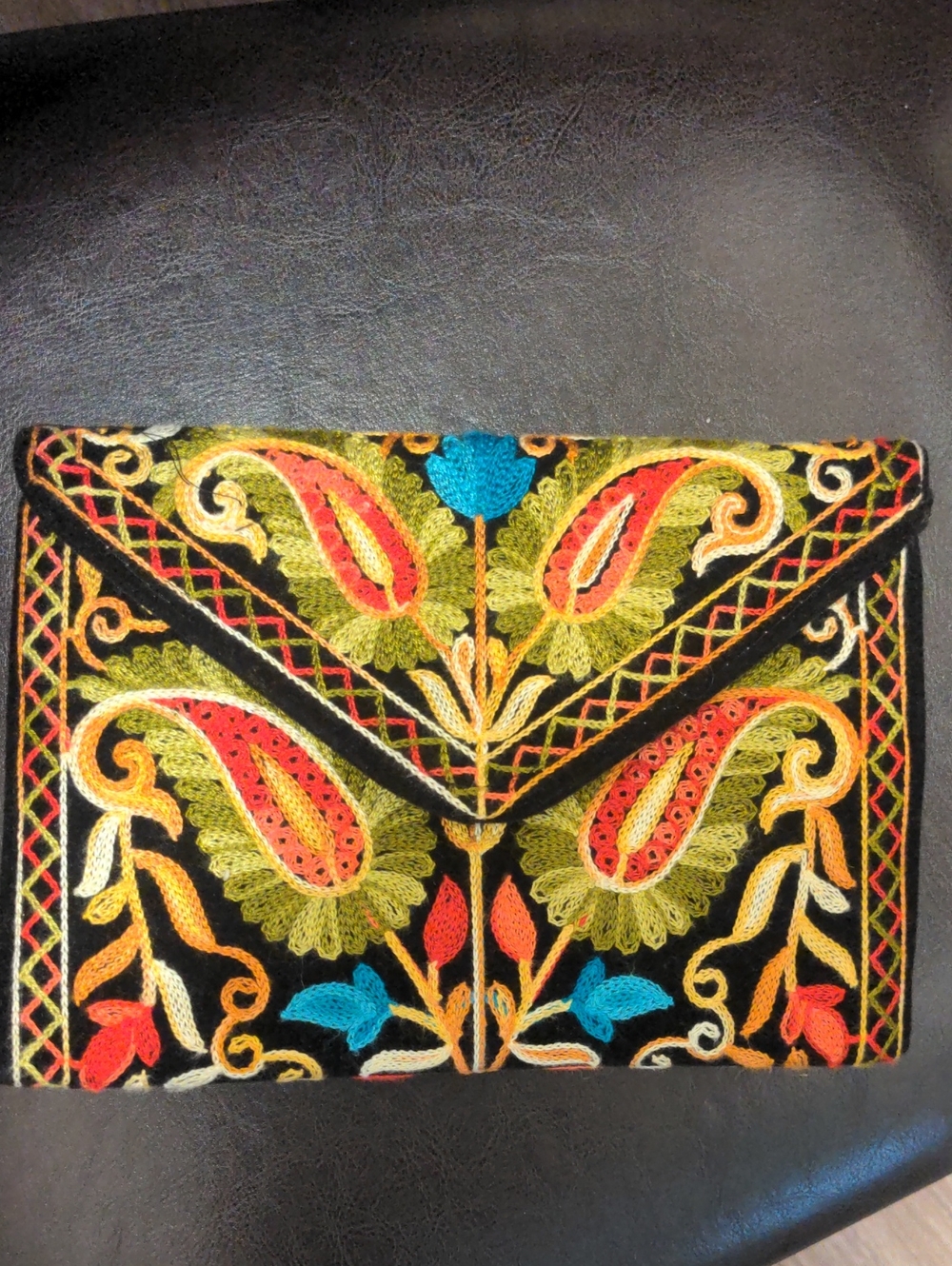 Embroidered Black Floral Envelope Embroidered Clutch W/ Strap Multicolor Paisley
